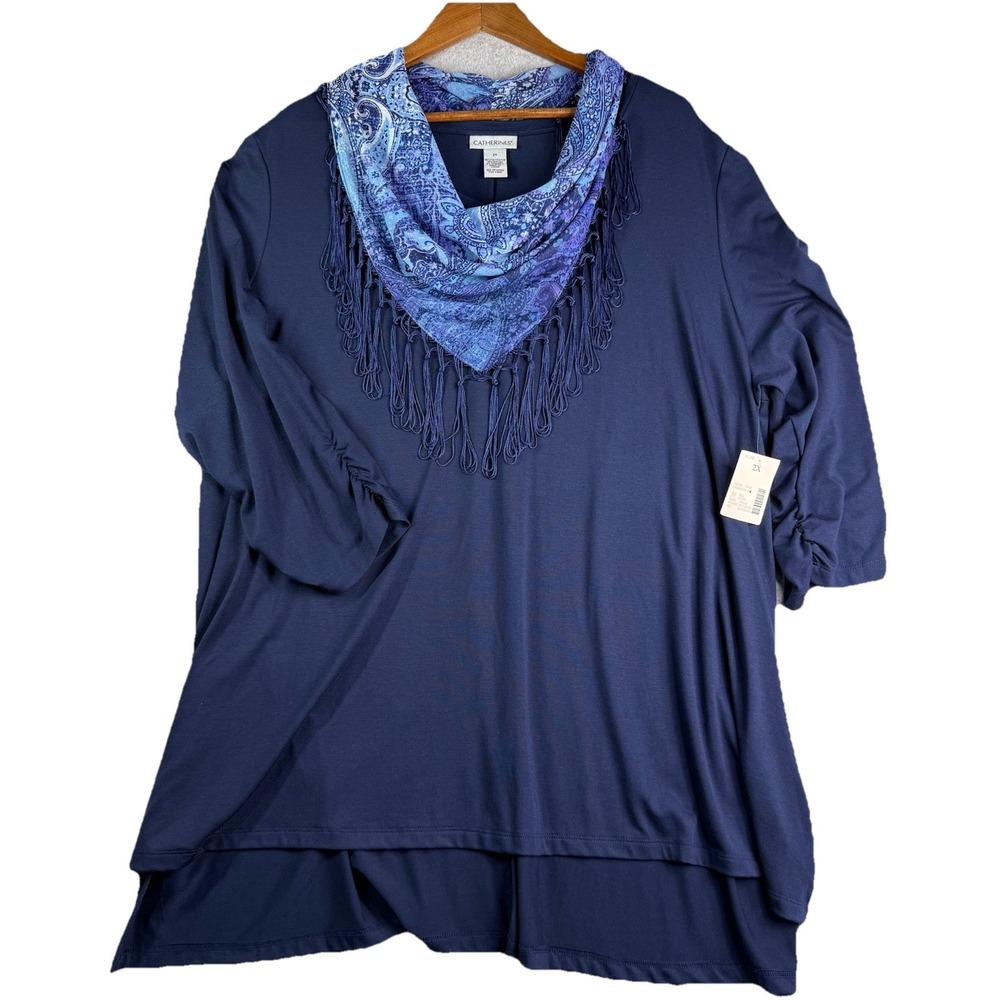 Catherines Tunic Top WomenS 2X Navy With Removable Fringe Scarf NWT Paisley READ